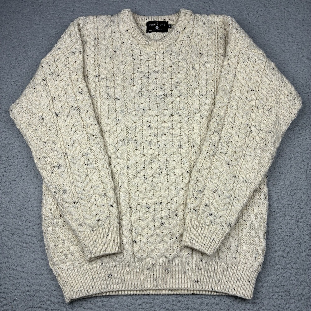 The Irish Store Fisherman Sweater Mens M Cream Speckled Merino Wool Cable Knit